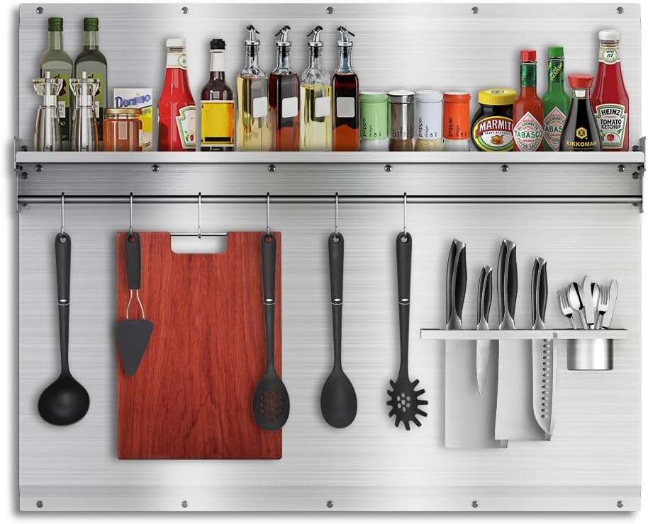 Range Backsplash, 42"x 30" Stainless Steel Backsplash,Easy Clean And Installation with Storage Shelf & Hanging Rack,Range Hood Stainless Steel Backsplash for Stove