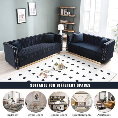 78" Velvet Couch, Modern Channel Tufted Sofa Couch with 2 Pillows, 3 Seater Upholstered Couches with Gold Metal Legs and Nailhead for Living Room, Apartment and Office (Black)