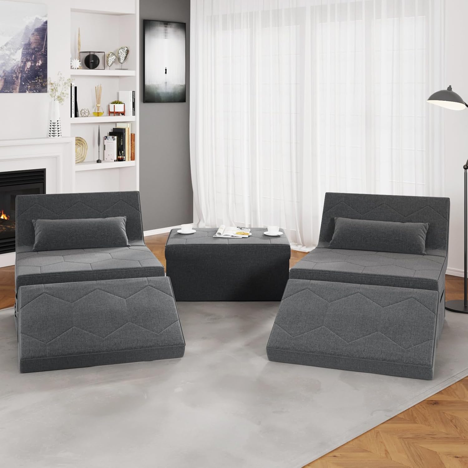 4 in 1 Sleeper Chair, Convertible Sleeper Sofa with Hide a Bed Chair, Sleeper Chairs for Adults, Ottoman Bed Sleeper with Adjustable Backrest for Living Room Apartment Office, Dark Grey