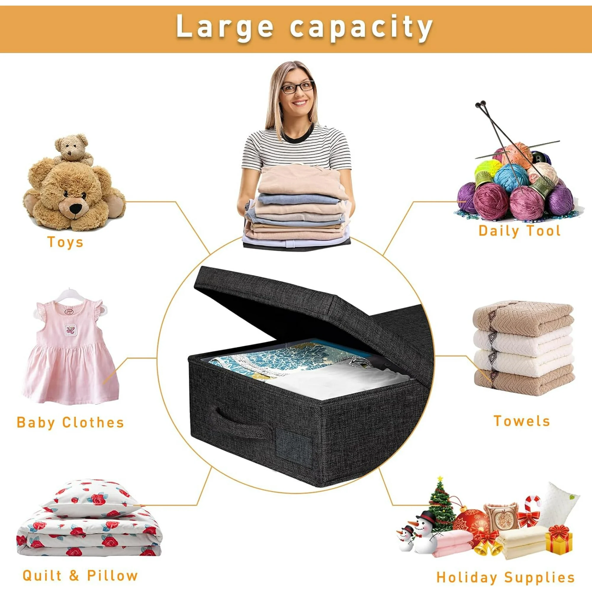 Under The Bed Storage Containers 3 Pack, 6 Inch Tall Stackable Underbed Storage Bins With Handles, Closet Organizers and Storage Bins, Large Under Clothes Drawer Organizers Box For Crib, Black
