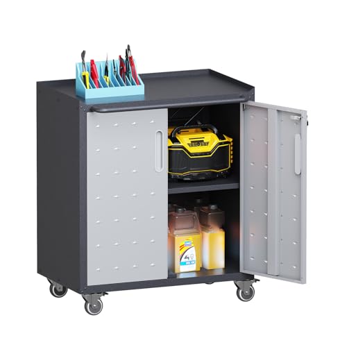 Garage Storage Cabinet Wall Cabinet with 2 Doors,Lockable Tool Cabinets Wall Mounted with Adjustale Shelves,Heavy Duty Steel Hanging Cabinets for Warehouse Kitchen Laundry,Assembly Required