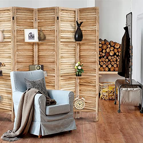 Room Divider with Shelves, Privacy Screen, Room Dividers and Folding Privacy Screens, 5 Panel Wood Temporary Wall Partition Separation Separator, Coconut