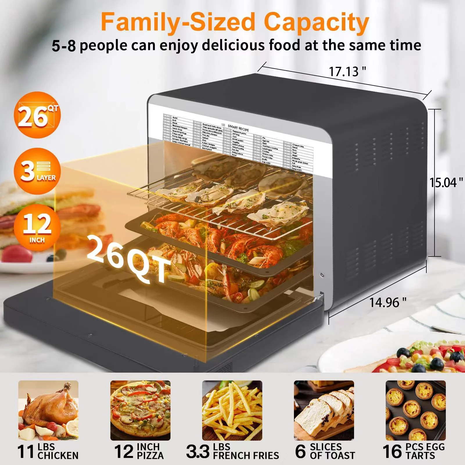 Air Fryer Toast Oven Combo with Rotisserie and Dehydrator Extra Large Capacity Family Size,with 6 Slice Toast, 12" Pizza,26 QT