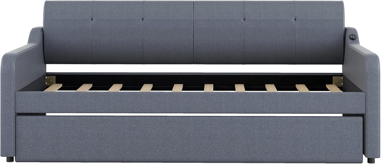 MERITLINE Upholstery Daybed with Trundle and USB Charging, Twin to King Extendable Sofa Bed Frame, Daybed with Trundle Bed can be Flat or Erected, 2 Twin Beds for Bedroom Living Room (Grey)