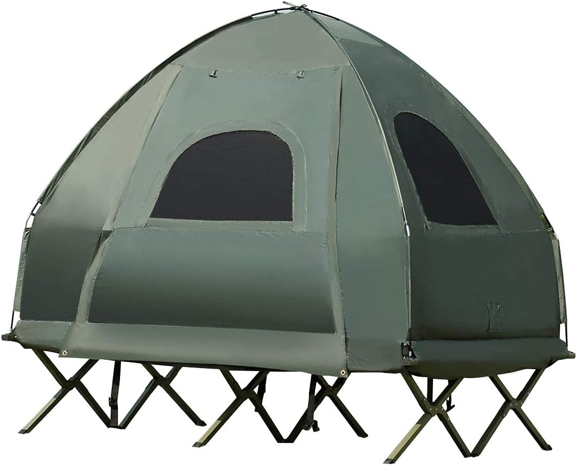 Tangkula 2-Person Outdoor Camping Tent Cot, Foldable Camping Tent with Air Mattress & Sleeping Bag, Waterproof Elevated Camping Tent with Carry Bag, Portable Camping Tent Cot