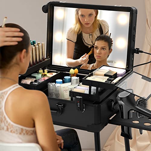 Large Makeup Train Case with Speaker & Code Lock & Full Screen Lighted Mirror & 3 Light Colors Lighted Rolling Cosmetic Organizer, Professional Artist Trolley Studio Free Standing