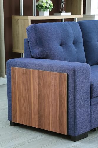 Convertible L Shaped Couch with Pull Out Bed and Storage Chaise,Sectional Sleeper Sofa with Side Open Cup Holder and USB Port, Linen Fabric Furniture for Living Room, Apartment, 92", Blue