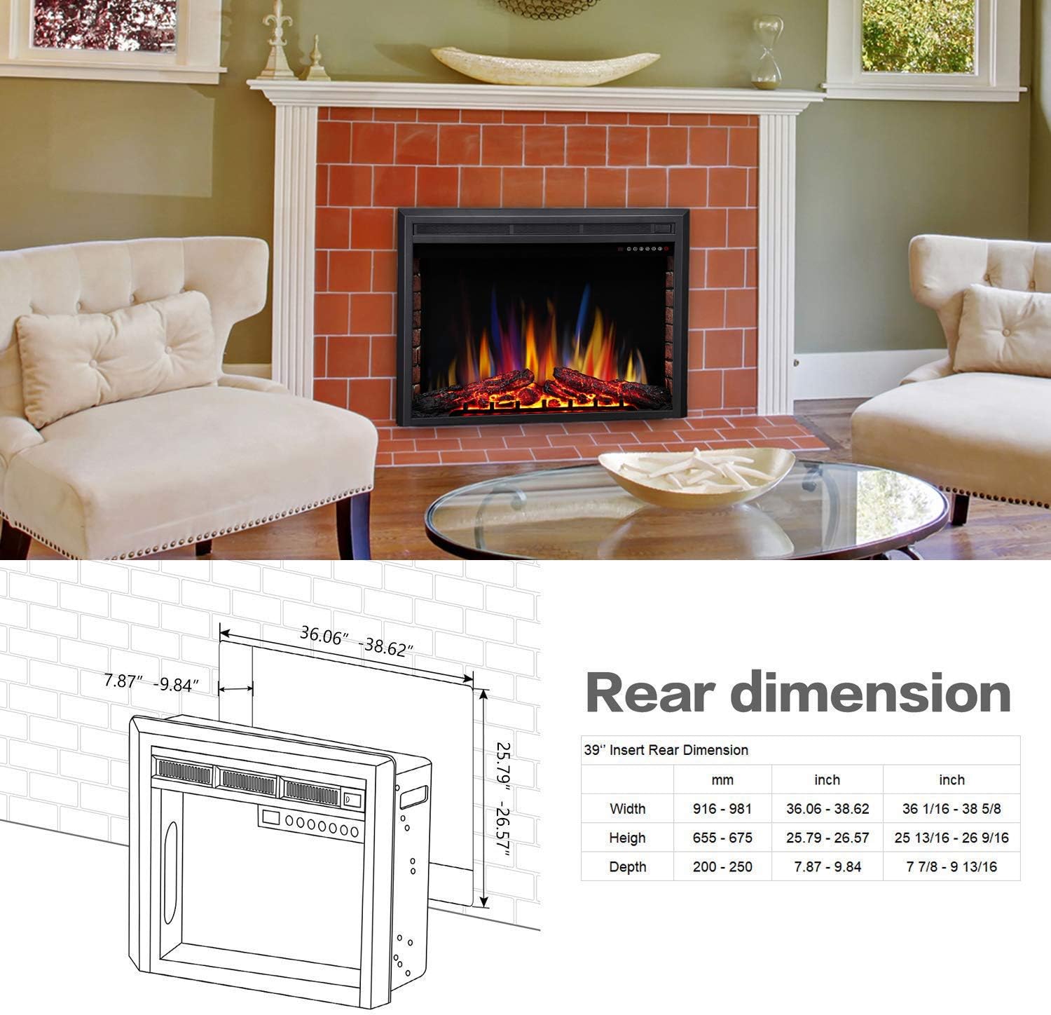 R.W.FLAME 36" Electric Fireplace Insert ,Recessed Electric Stove Heater,Touch Screen,Remote Control,750W-1500W with Timer & Colorful Flame Option