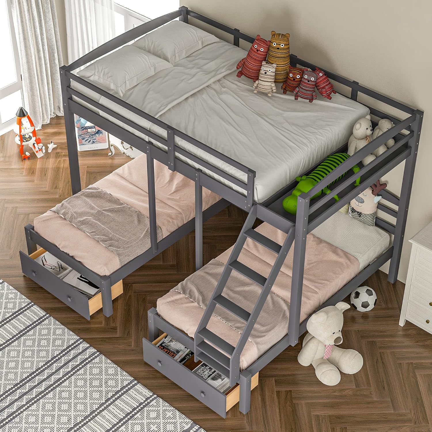 Harper & Bright Designs Full Over Twin Triple Bunk Bed with Storage Drawers,Full Over Twin & Twin Bunk Beds with Ladders,Solid Wood Bunk Bed Frame with Guardrails for Kids Teens Aldults(Grey)