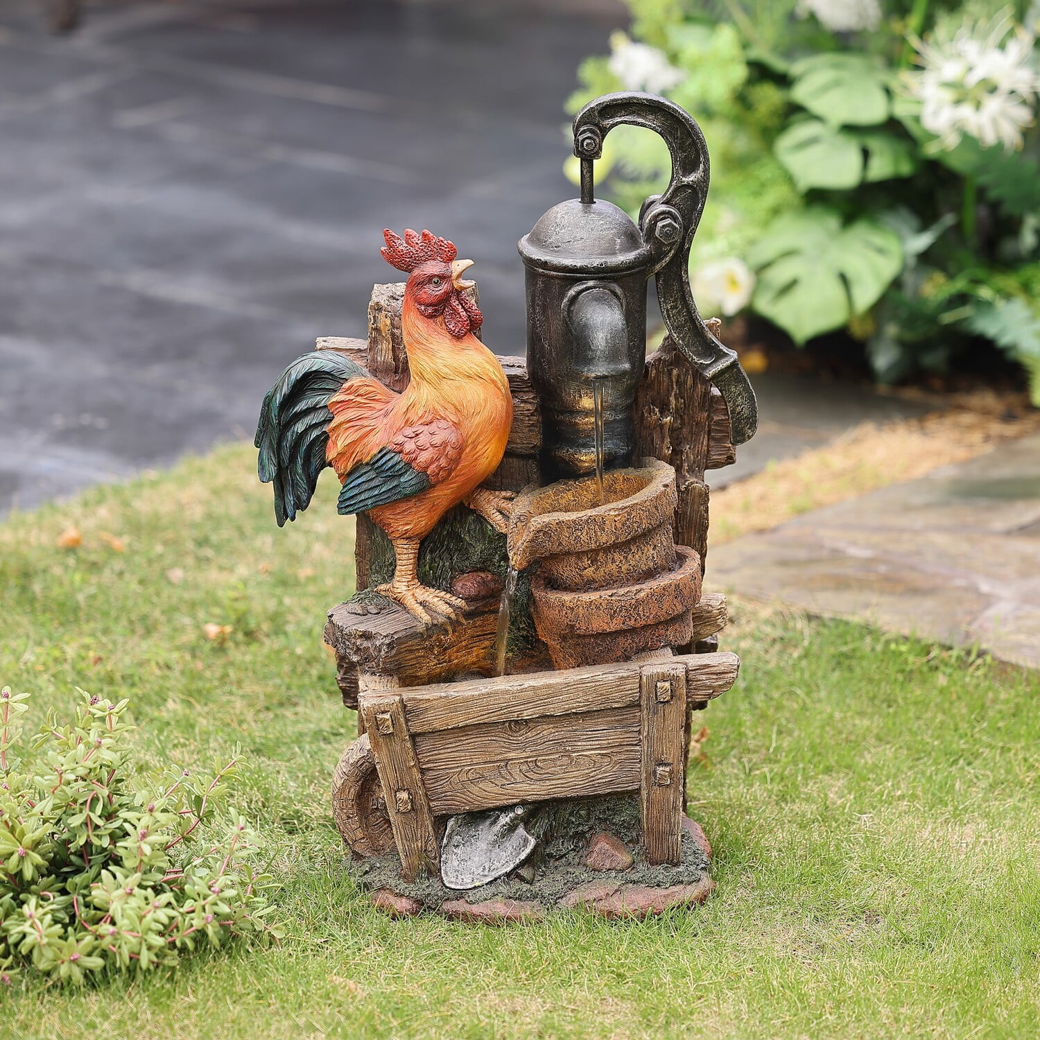 LuxenHome Farmhouse Pump and Rooster Resin Outdoor Fountain with LED Lights