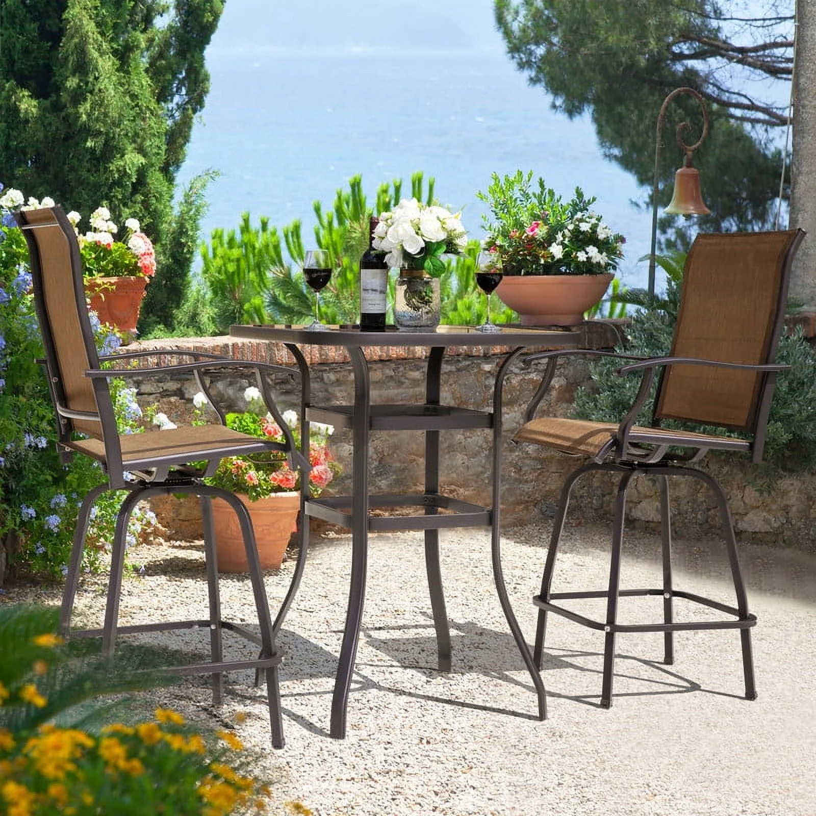 Nuu Garden 3pcs Outdoor Bar Set Patio Bar Height Swivel Bar Bistro Sets,Chairs and Table Bistro Set,Brown
