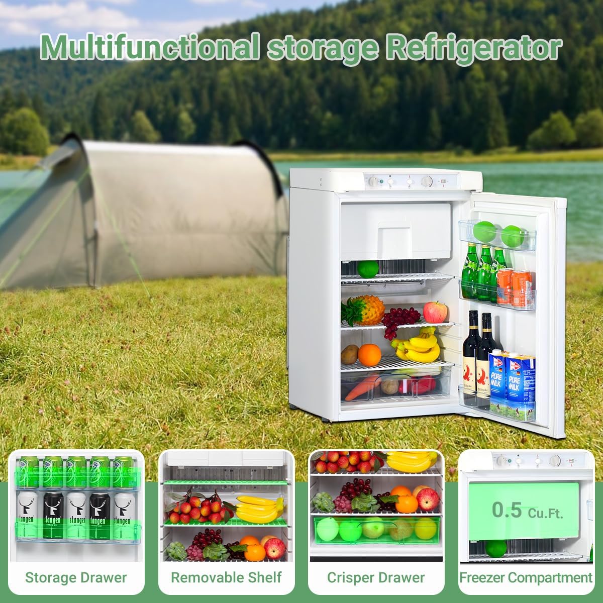 Smad 3.5 Cu.ft. Propane Fridge, 3 Way Gas/110V/12V Refrigerator with Freezer for RV Camper with Removable Shelves, White/Black