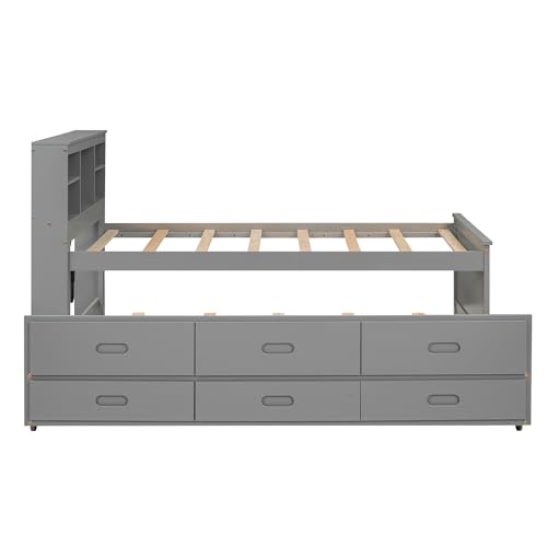 Full Size Bookcase Bed with Charging Station, Wood Captain Bed with Trundle and Storage Drawers, Full Platform Beds with Storage Headboard for Kids Boys Girls, Noise Free, No Box Spring Needed, Gray