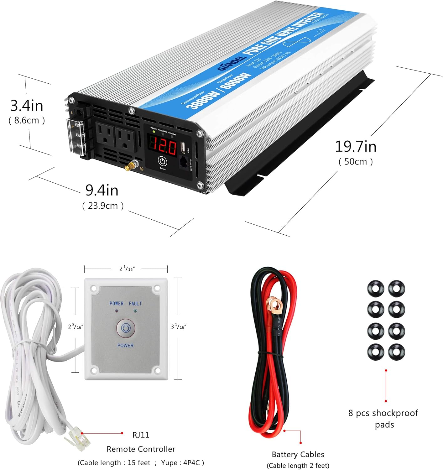 GIANDEL 2200W Pure Sine Wave Power Inverter 12V DC to 110V 120V AC with 20A Solar Charge Control and Remote Control&LED Display and Dual AC Outlets &1x2.4A USB Port for RV Truck Car Solar System
