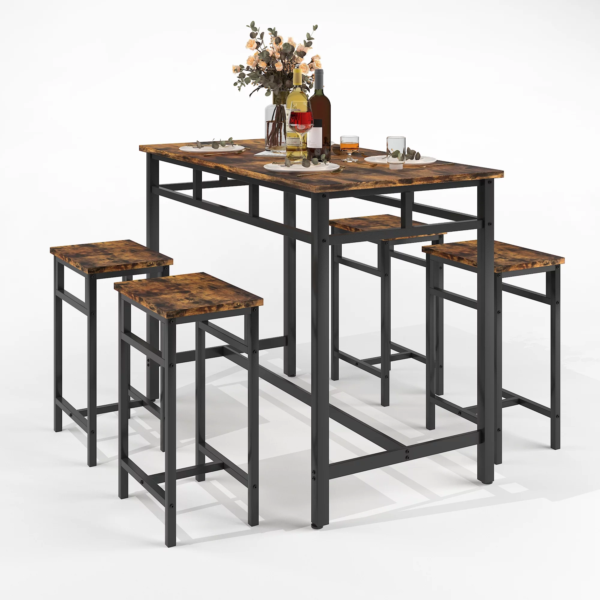 5 Piece Dining Table Set, Modern Pub Table Set with 4 Stools, Counter Height Bar Table Set, 4-Person Home Dining Table and Stools Set, Kitchen Table Set for Breakfast, Rustic Brown, D8997