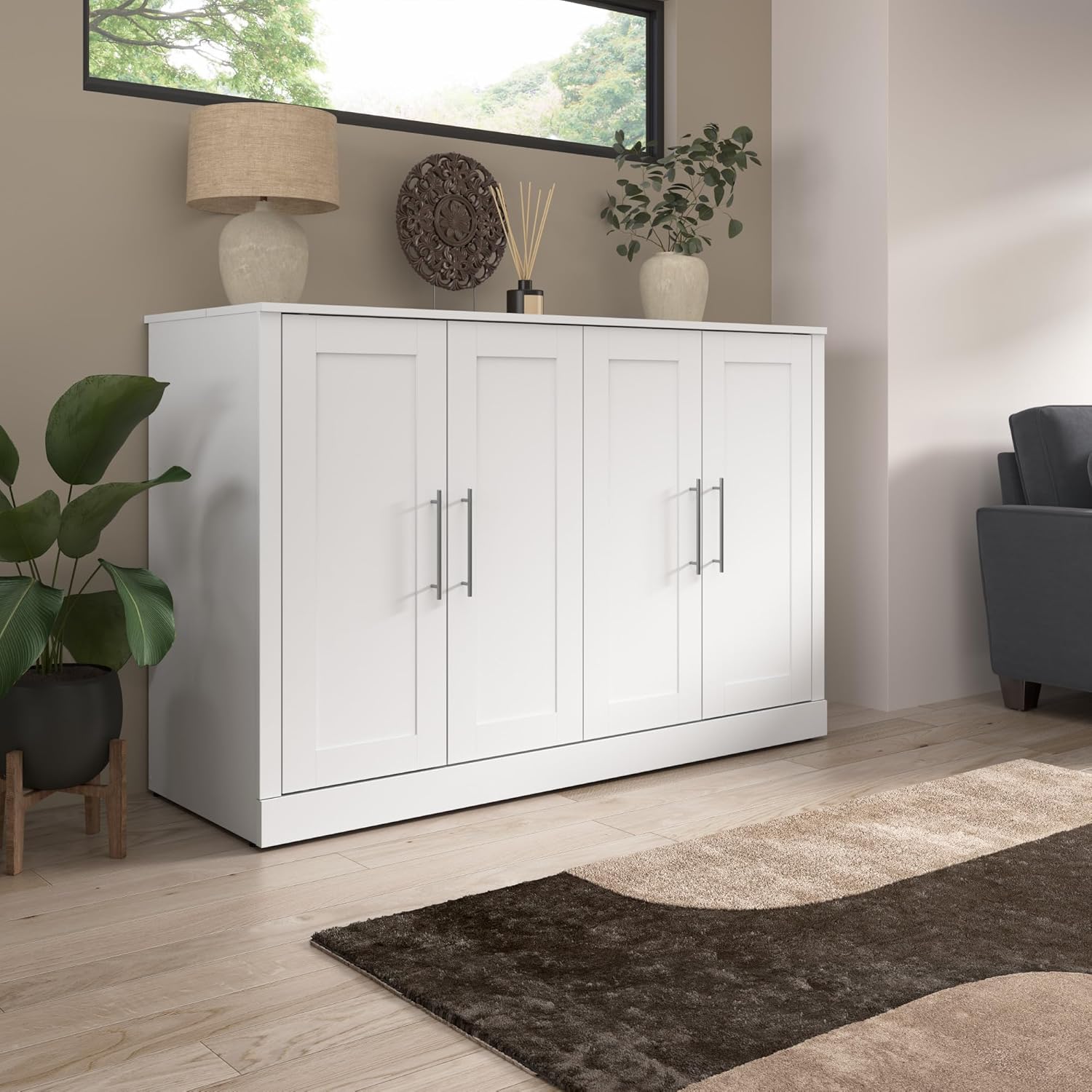 Bestar Pur 69W Murphy Cabinet Bed with Mattress, Space-Saving Sleeping Arrangement for Multipurpose Guest Room or Home Office, Full, White