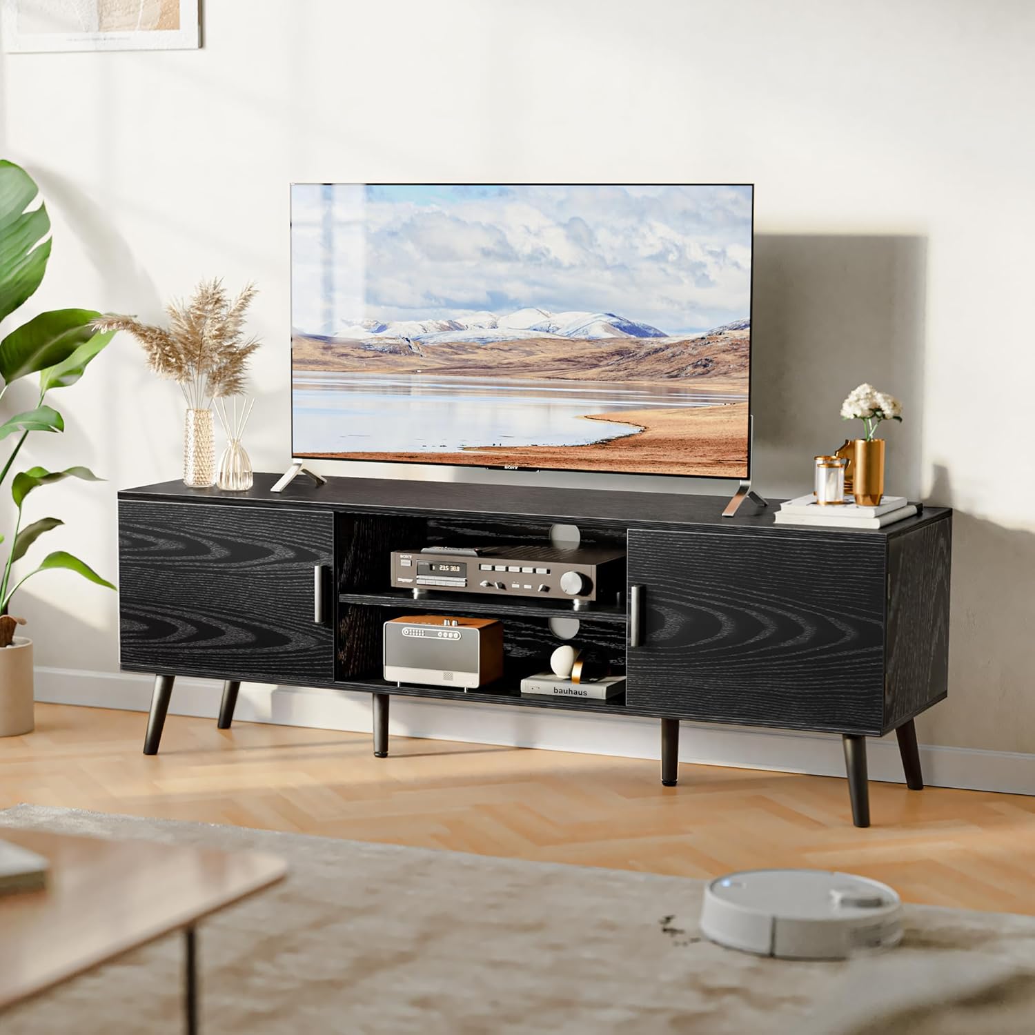 SUPERJARE TV Stand for 55 Inch TV, Entertainment Center with Adjustable Shelf, Huuger Night Stand with Charger Station, for Living Room, Bedroom, Black