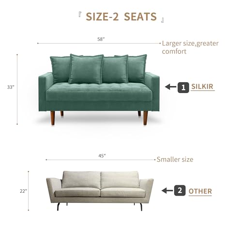 Mid-Century Modern Small Spaces Comfy Velvet Living Room,Office,and Apartment,Loveseat Couch Sofas, 58 Inch, Aqua Turquoise