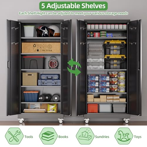 73" H Metal Storage Cabinet with Wheels, Garage Storage Cabinet with 4 Adjustable Shelves and Lockable Doors for Garage Home Office Utility Room,Required Assembly,Black