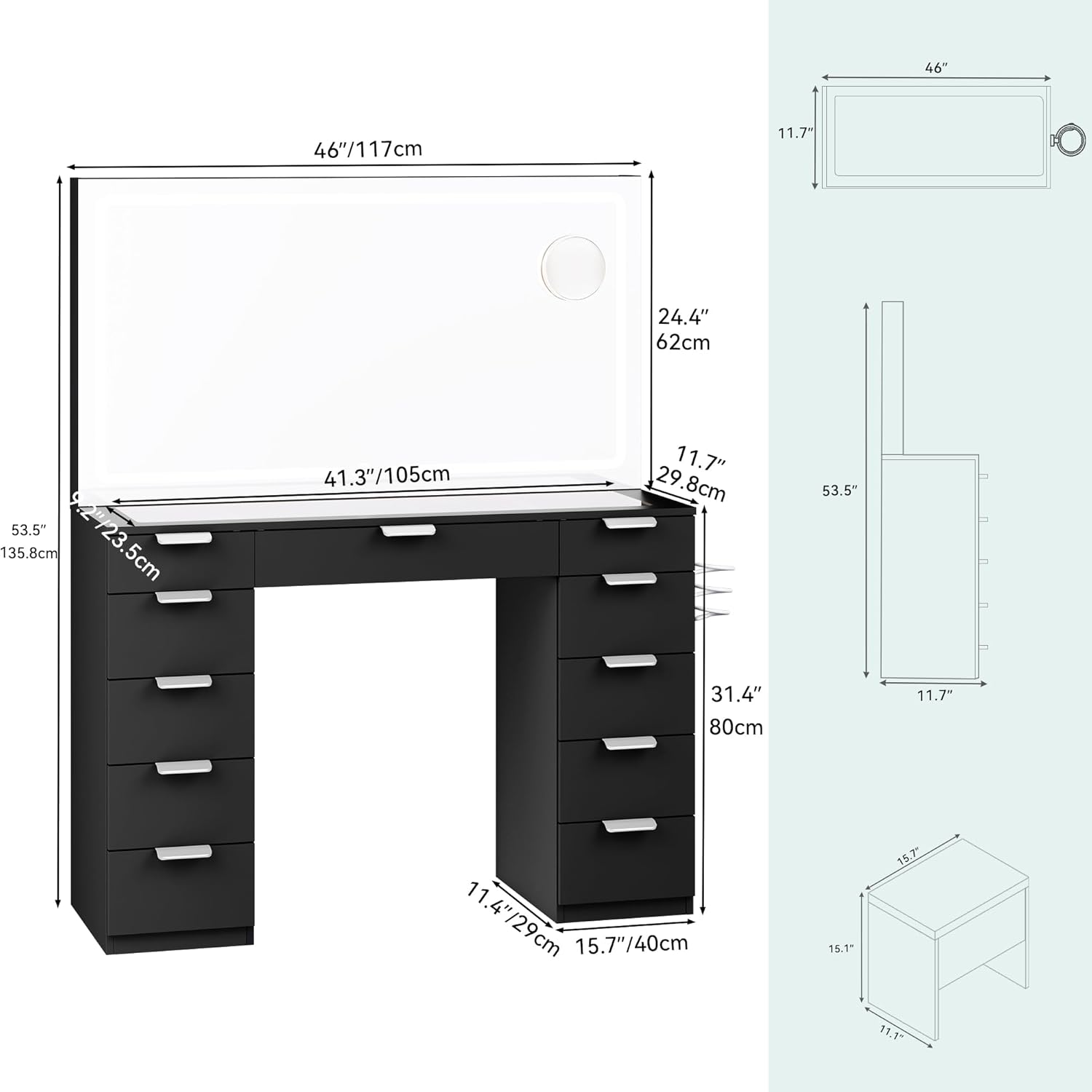 YITAHOME Vanity Desk with Large LED Mirror, Charging Station, 11 Drawers, Makeup Vanity with Tempered Glass Top, Storage Bench, 3-Color Adjustable Lighting, Black