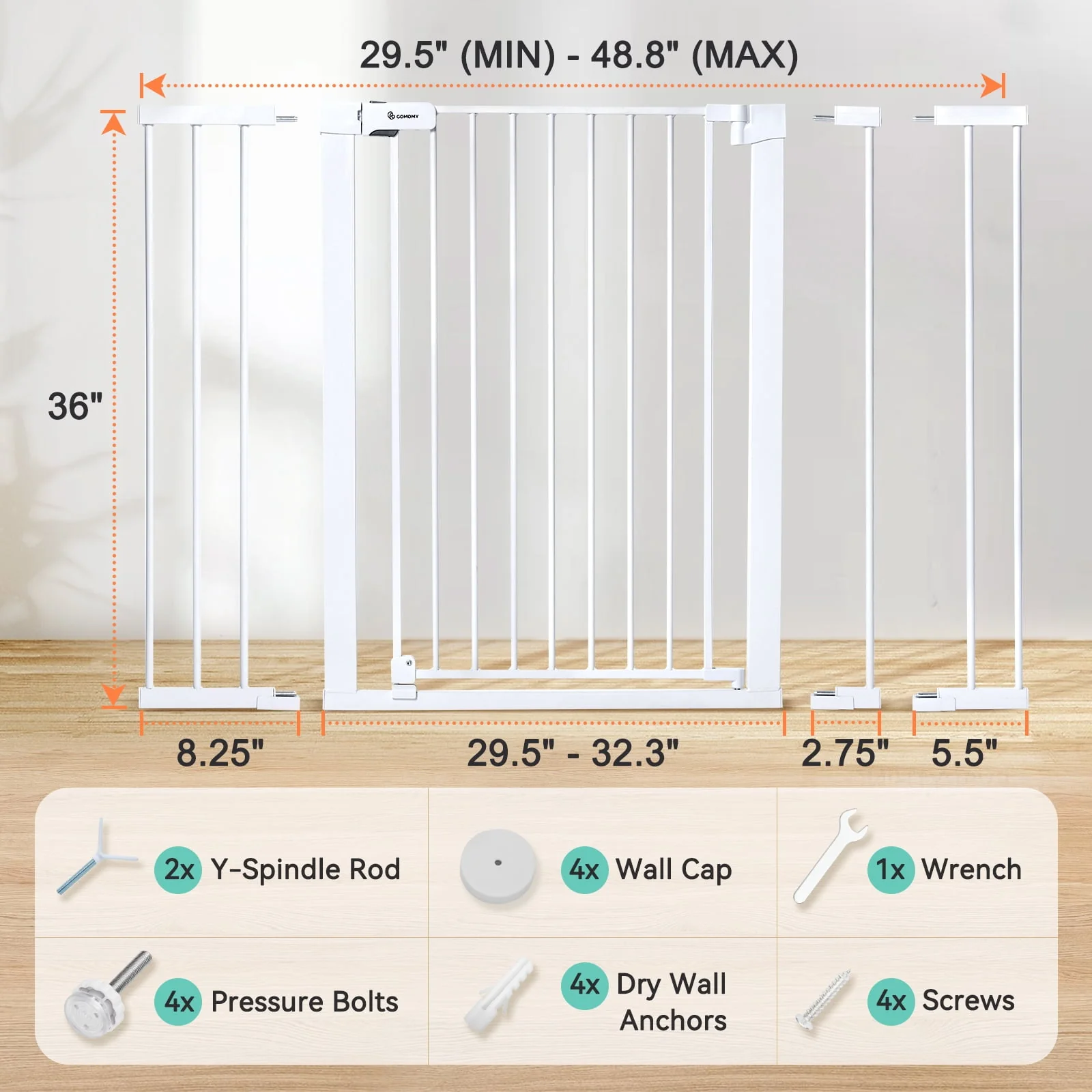 Baby Gate, 36'' Extra Tall 29.5-48.8'' Wide Toddler Gates for Doorway Stairs