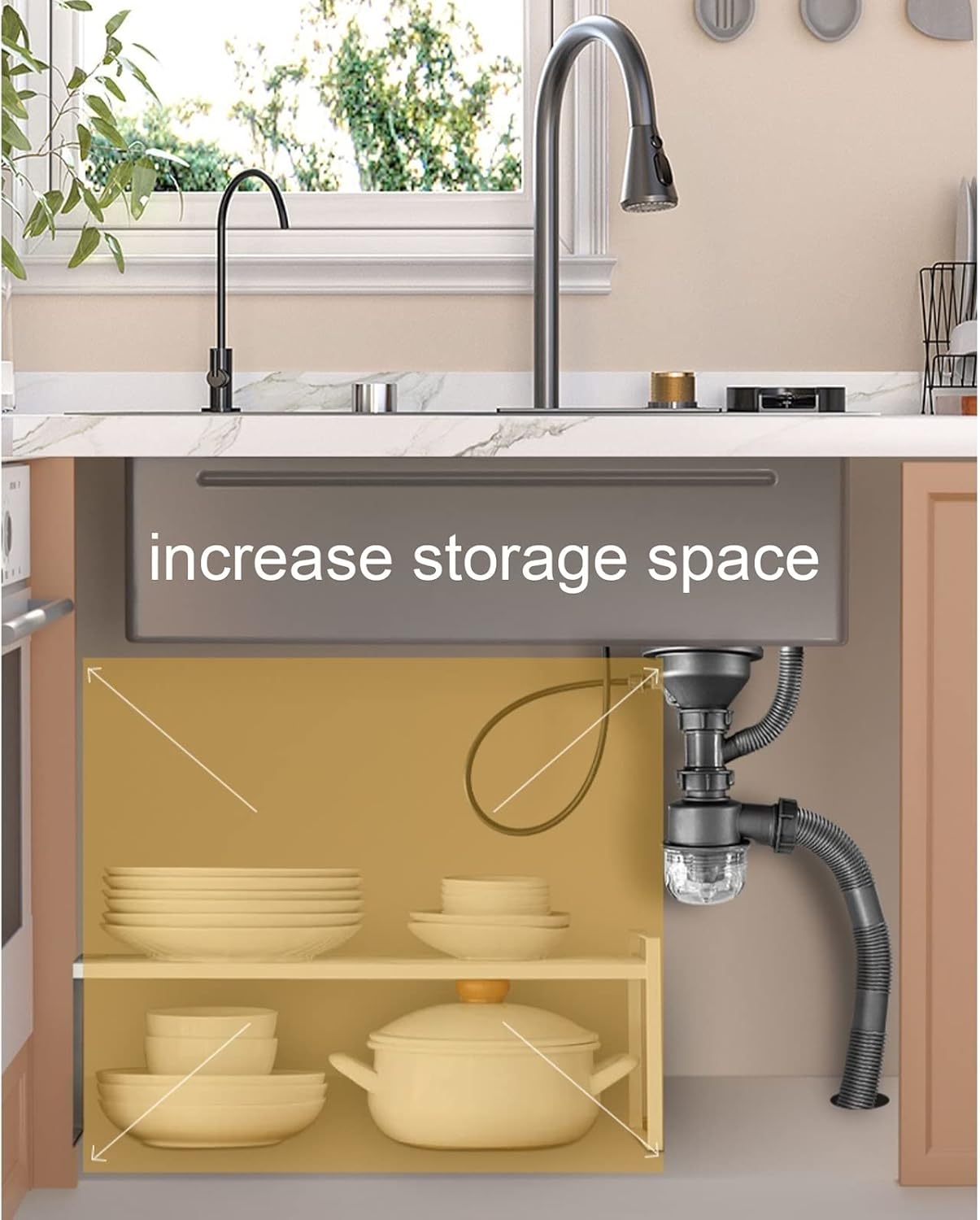 Workstation Kitchen Sink, Single Bowl Waterfall Home Sink, Cup Washer