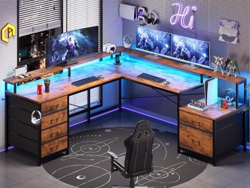 RUNFAYBIU L Shaped Desk with 6 Drawer  108" Home Office Desk with File Drawer &amp; Power Outlet  Corner Computer Desk with Monitor   File Cabinet  Two Person Desk  Gaming Desk with L
