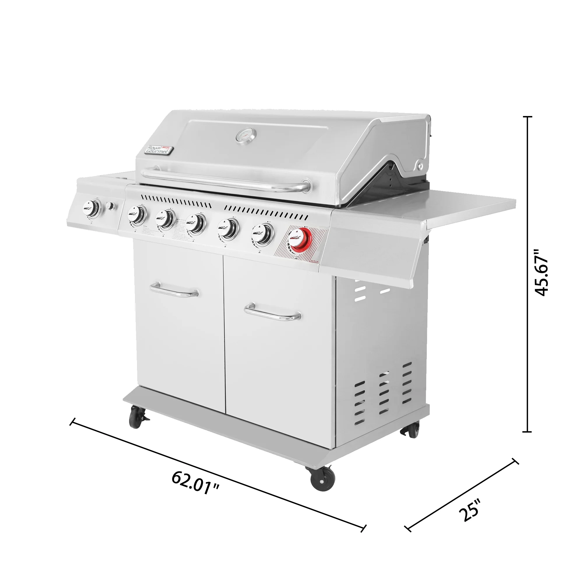 Royal Gourmet GA6402S Stainless Steel Gas Grill, Premier 6-Burner BBQ Grill with Sear Burner and Side Burner, 74,000 BTU, Cabinet Style, Outdoor Party Grill, Silver