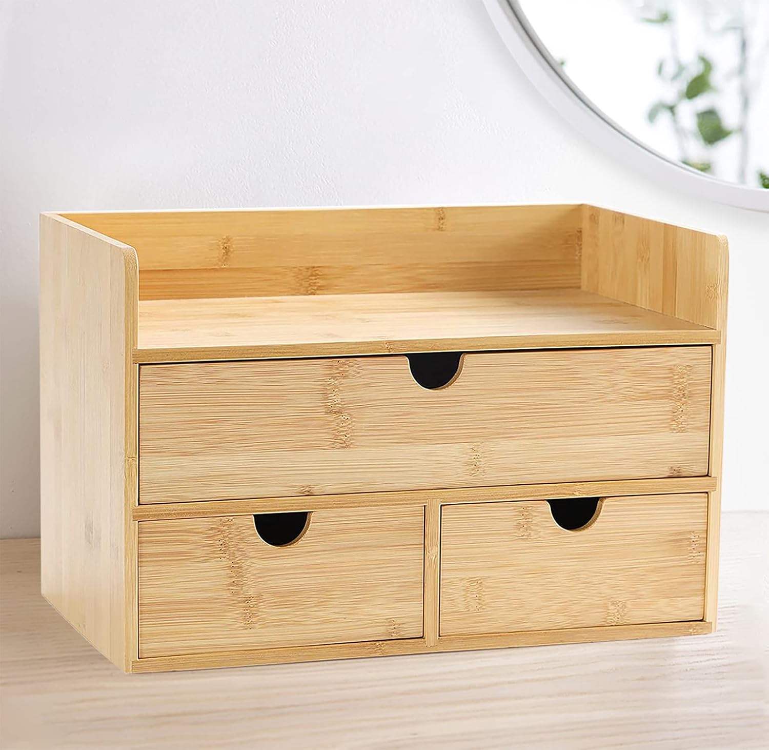 Wisdture Mini Storage Box with Drawers,Practical Office Storage Bins,Bamboo Desk Sets and Accessories Suitable for Office,Bedroom,Dressing Table,Large Desk Organizer(3 Drawer with Tall Drawer)