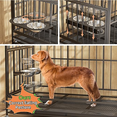 LOVMOR 48" Heavy Duty Dog Crate with Wheels/Unique Air Lift Rod / 360° & Adjustable 2 Bowls/Removable Dog Cage Tray Extra Large XL XXL Dog Crate