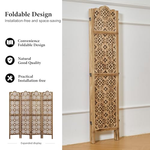 5.75Ft Room Divider Wood Carved Wall Divider Indoor Folding Portable Partition Screen for Home Office Garden Terrace - 4 Panel (Antique Brown)