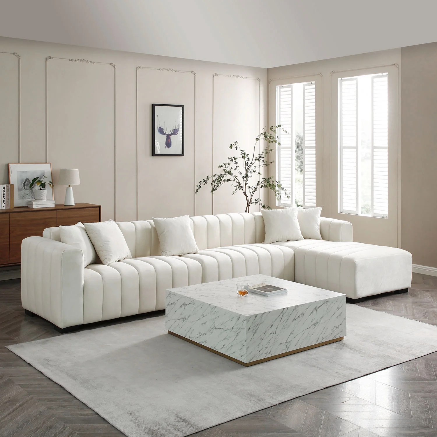 Kevinplus L-Shape Sectional Sofa with Deep Tufted Velvet Upholstered Right Chaise Modular Sofa,Sectional Sofa Couch for Living Room,Beige