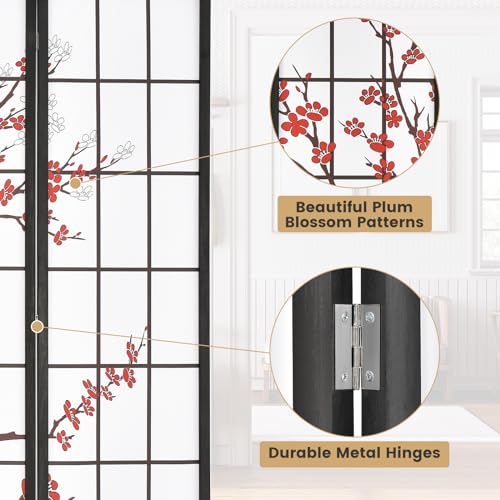 GOFLAME Japanese Style 4 Panel Room Divider, 6ft Folding Shoji Screen Room Partition with Plum Blossom Design, Solid Wood Frame, Freestanding Wall Divider, Indoor Room Separator for Home Office