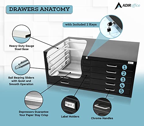 AdirOffice Flat File Cabinet - Heavy Duty 5-Drawer Blueprint Sheets Storage, 41" x 53" Great for Documents Sized 36” x 48”, Ideal for Artists, Art Files, Engineers, Architects, Offices - Black