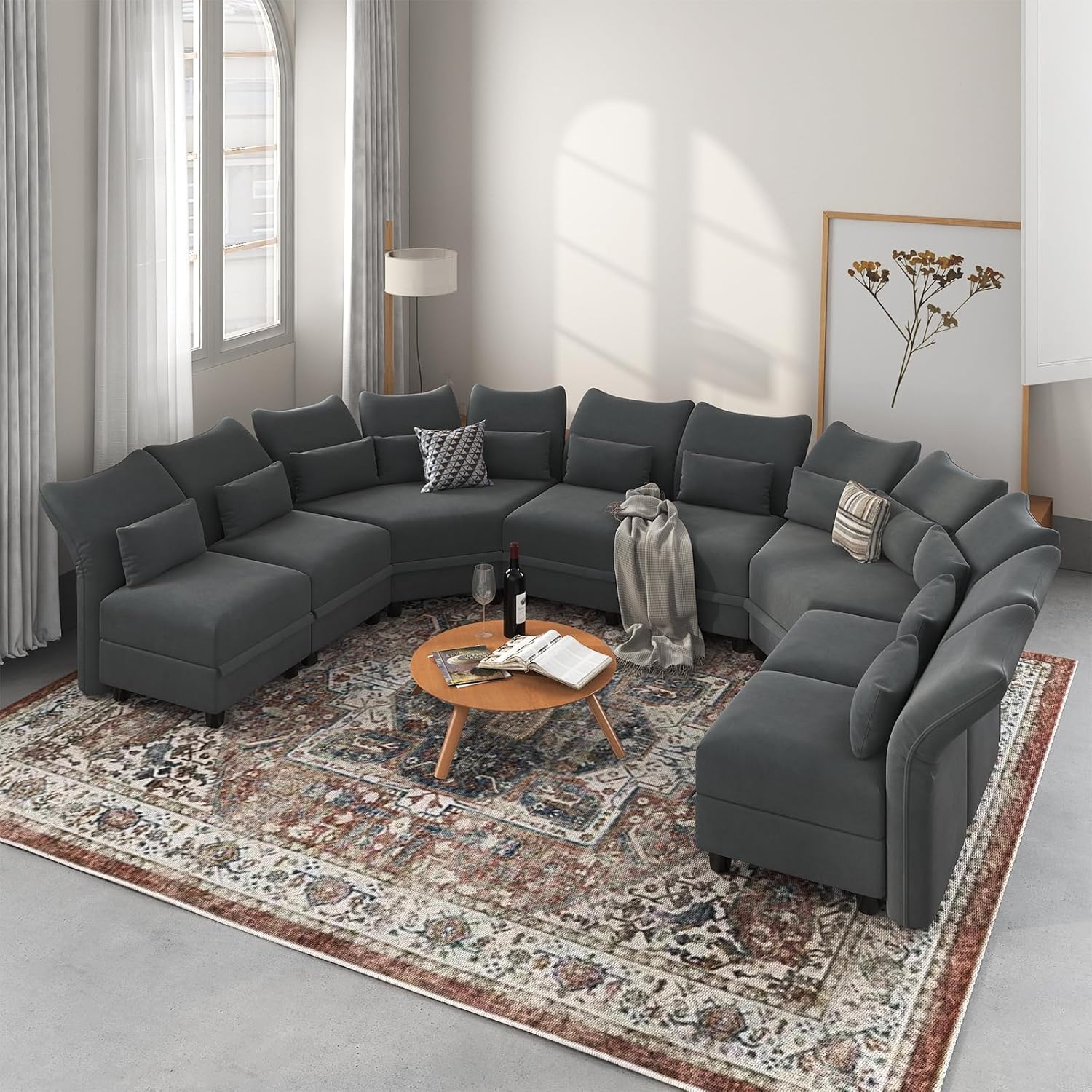 LLappuil Velvet Modular Sectional Sofa, 163.4" Oversized 8-Seater U Shaped Sectional Couch with Big Corner Ottoman, High Back Modular Couches with Storage Chaise for Living Room, Anti-Scratch Grey