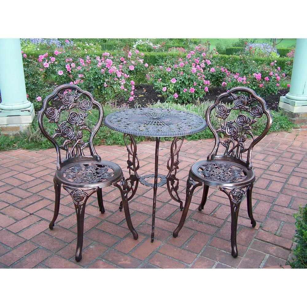 Oakland Living Rose 3-Piece Cast Metal Bistro Set with Cast Aluminum Top Table and 2 Chairs
