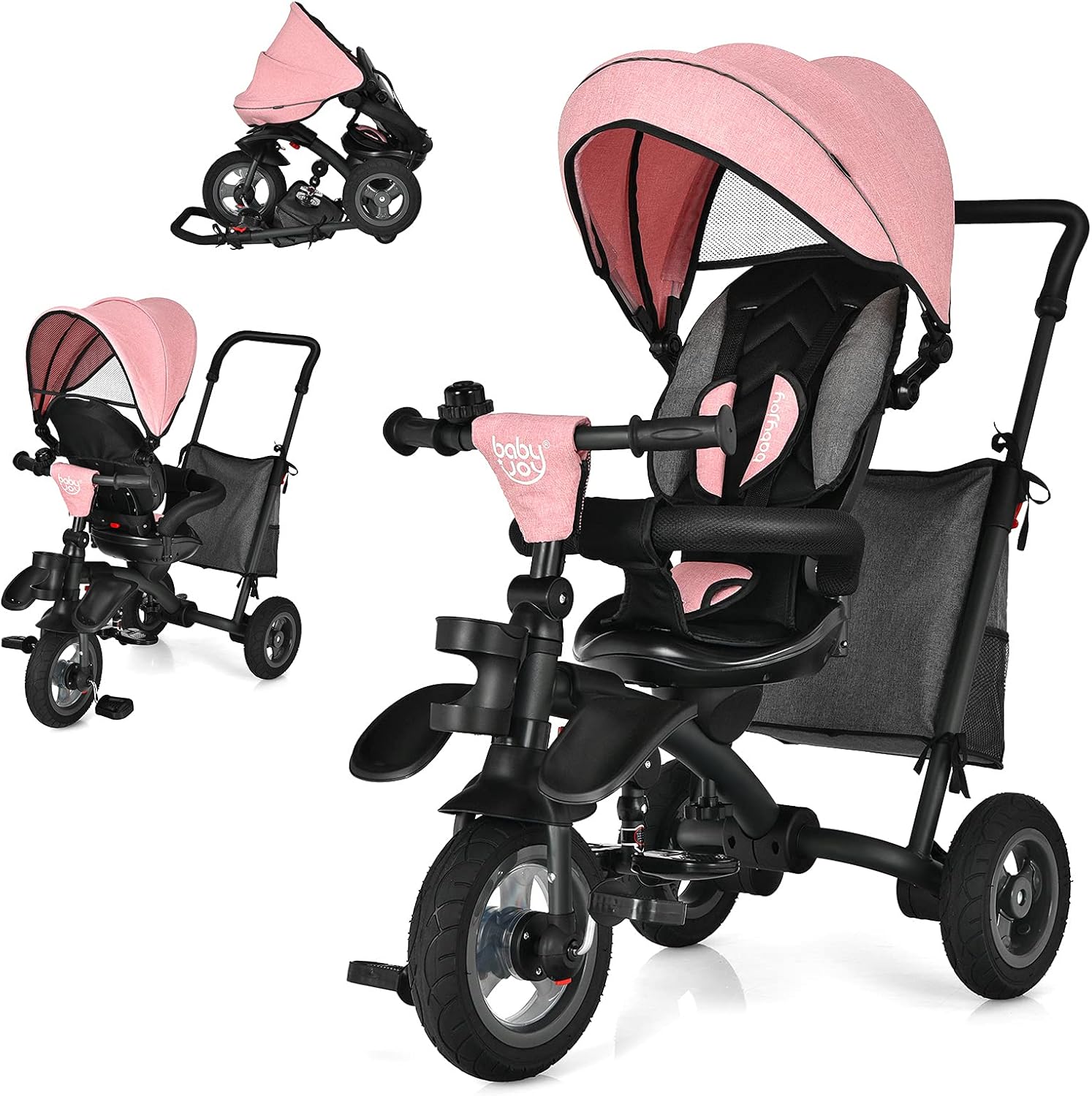 BABY JOY Toddler Tricycle, 7 in 1 Folding Steer Trike w/Rotatable Seat, Adjustable Canopy, Push Handle, Guardrail, Safety Harness, Brakes, Cup Holder & Storage, Tricycle for Toddlers Ages 1.5-5 (Blue)