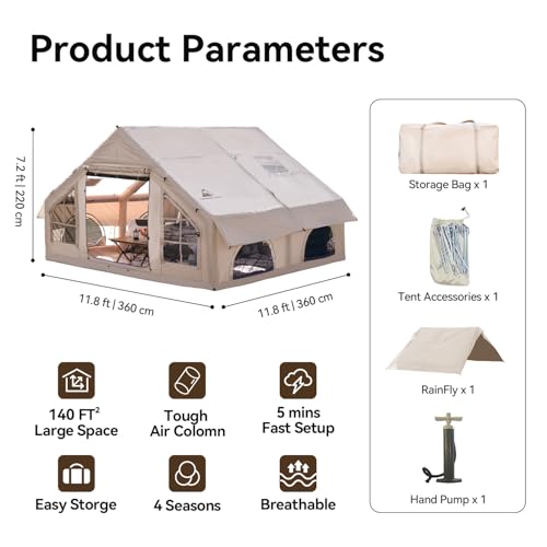 Inflatable Camping Tent with Pump,4-6 Person Waterproof Blow Up Air Tent for Camping Hiking,Easy to Set Up 4-Season Inflatable House Tent with Oversized Canopy.