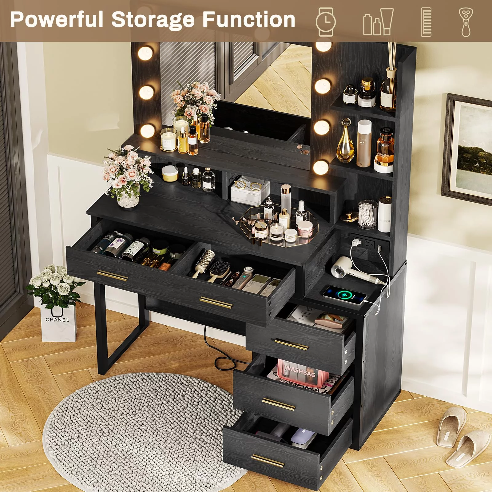Modern Makeup Vanity, Vanity Desk with Mirror and 3 Lighting Modes, Vanity Table with Charging Station, Black