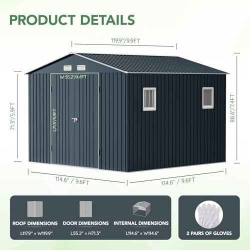 10X12X7.5 FT Outdoor Steel Storage Shed with Lockable Doors, 2 Windows, Transparent Roof Panels (Wood Panels & Frame Floor Not Included), Ideal for Patio Storage,Garbage Can, Chicken Coop，Brown