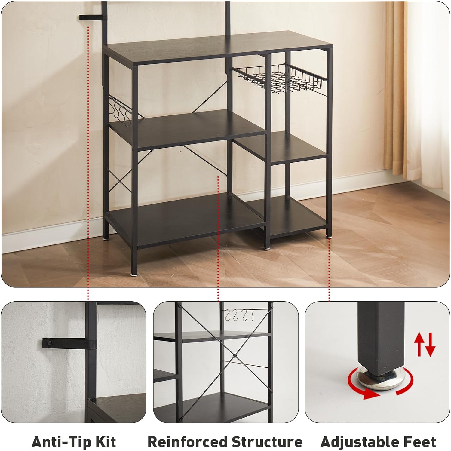 FJU Kitchen Bakers Rack with Power Outlet, Microwave Stand, Kitchen Storage Rack with Wire Basket, 6 Hooks, Kitchen Shelves for Spices, Pots, and Pans, Black