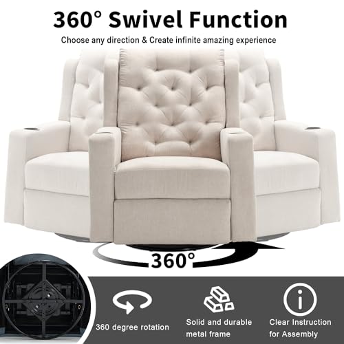 Oversized Swivel Rocker Recliners with Wide Seat Tufted Fabric Manual Recliner Chair with Cup Holders for Living Room, Nursery Rocking Glider Chairs (Beige, Large), Large(330lbs), WX1227GS