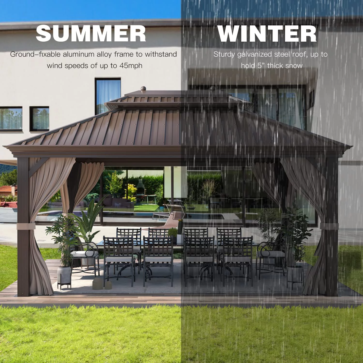 Erinnyees 12 ft x 16 ft Hardtop Gazebo Steel Outdoor Double Vented Roof Shade for Patio, Brown