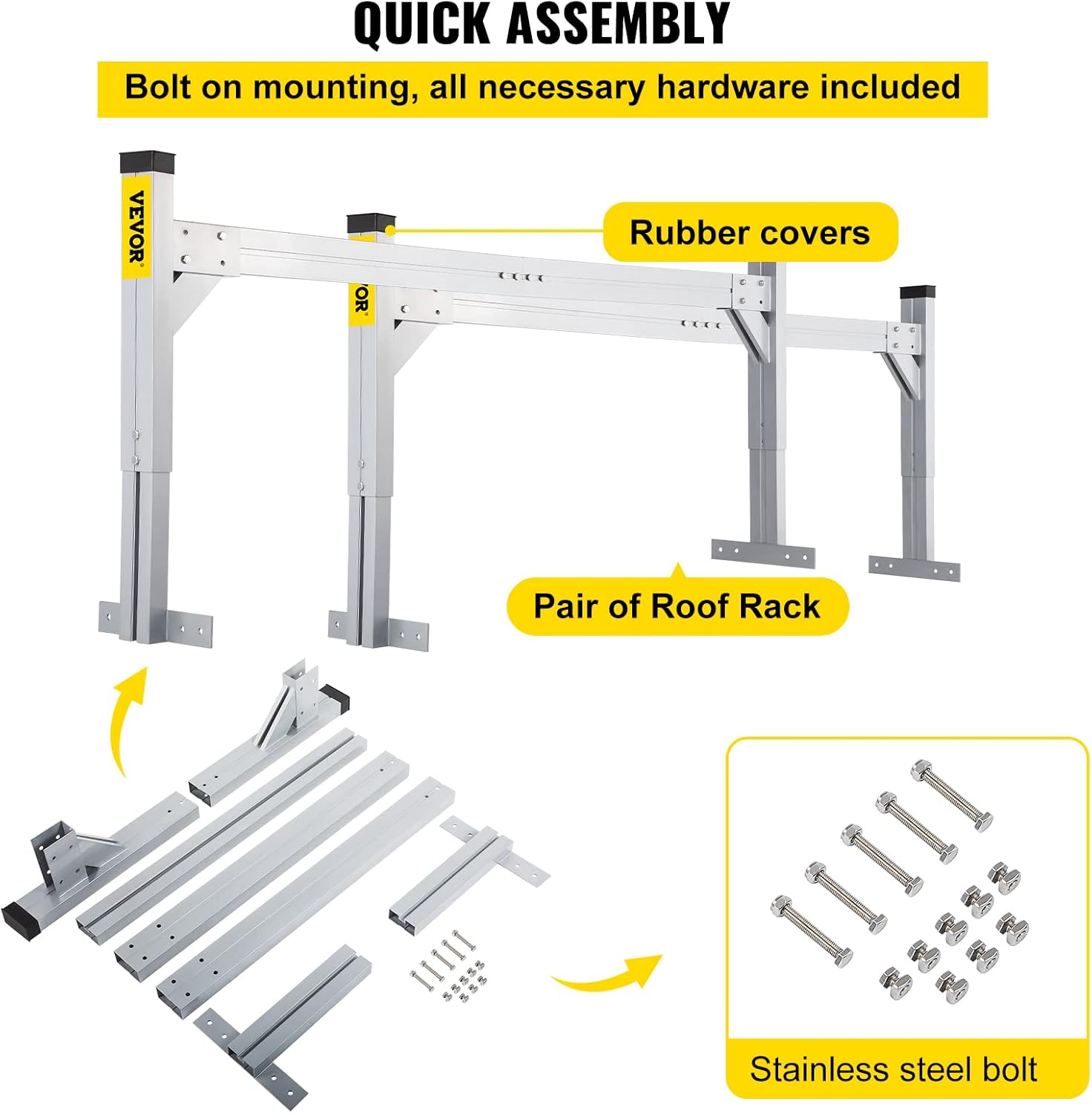 VEVOR Universal Roof Ladder Rack, Fit for 6.2'-8.3' Wide Vans, 2 Bars Adjustable Aluminum Trailer Ladder Rack with 330 LBS Capacity, for Cargo Vans Trucks or Pickups, Silver