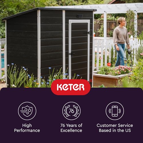 Keter Essential Shed 4x6 Resin Outdoor Storage Shed Ideal Storage for Patio Furniture, Garden Tools Bike Accessories, Beach Chairs and Lawn Mower, Black and White