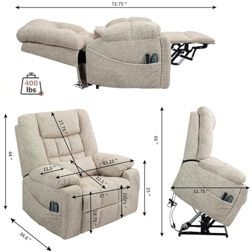 Light Grey Recliner Chair for Elderly | Tall and Big Man 400lbs | Chenille | Power Lift, Lay Flat, Stand Up, Wireless Charging Device, Extended Footrest, Massage Heat, Cup Holder, Lumbar Pillow