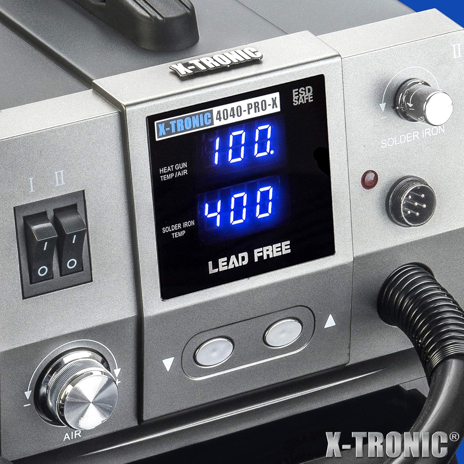 X-Tronic 7040-PRO-X • 775 Watt • Small Footprint Hot Air Rework & Soldering Iron Station • Digital Temp Controls, C/F Conversion, Calibration Func, 0-30 Min Sleep, Auto Cool Down, Mute/Unmute Sound