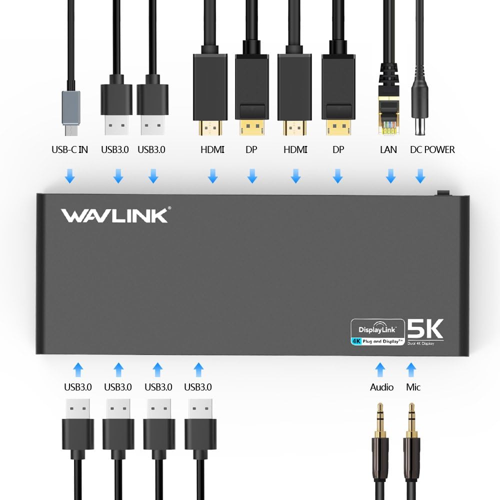 WAVLINK USB 3.0 Universal Laptop Docking Station,USB C to 5K/ Dual 4K @60Hz Video Outputs Dual Monitor for Windows and Mac,(2 HDMI & 2 DP, Gigabit Ethernet, 6 USB 3.0,Audio)