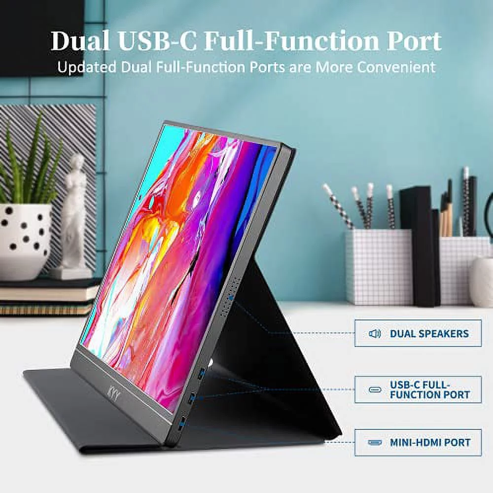 Portable Monitor - KYY 15.6'' 1080P FHD USB-C Portable Laptop Monitors w/Smart Cover & Dual Speaker, HDMI Computer Display IPS HDR External Gaming Monitor for PC Phone Mac Xbox PS4 Switch[Upgraded]