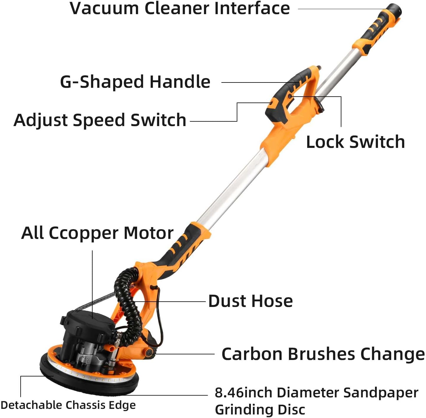 Electric Drywall Sander with Vacuum, 1390W Wall Sander Popcorn Ceiling Removal Tool, 13ft Cord, Extendable & Foldable Handle, Auto Dust Collection, LED Worklights for Wall Ceiling